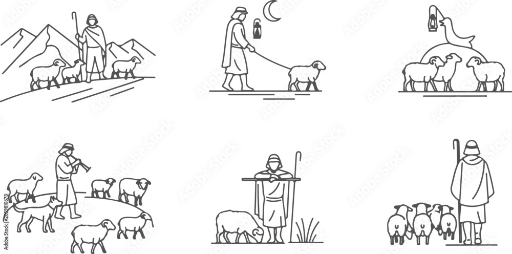 Obraz premium Shepherd leading sheep across mountains at day and night with lantern, farm animals grazing, rural life.