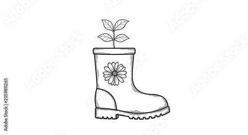 Black and white sketch of a gardening boot decorated with a flower and a small plant growing out of it for spring season themes.