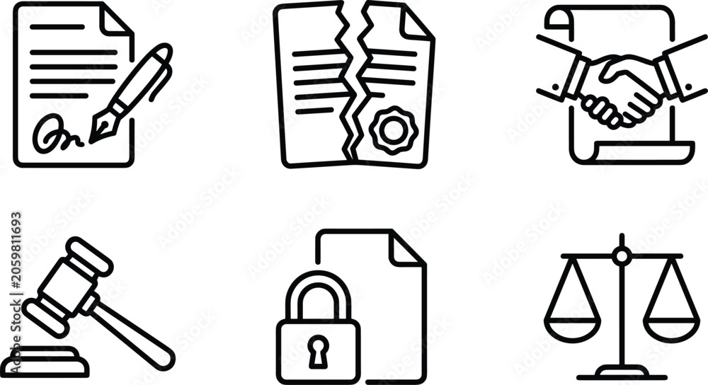 Fototapeta premium Legal and business contract line icon set featuring signed document broken agreement handshake deal gavel padlock and scales of justice