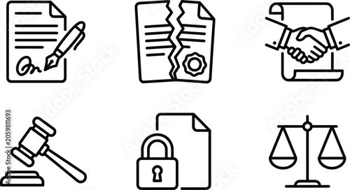 Legal and business contract line icon set featuring signed document broken agreement handshake deal gavel padlock and scales of justice