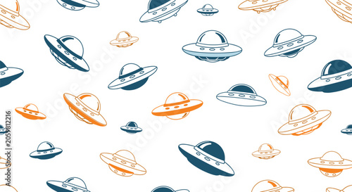Flying saucer ufo seamless pattern featuring colorful alien spacecraft in blue and orange shades on a white background for space enthusiasts.