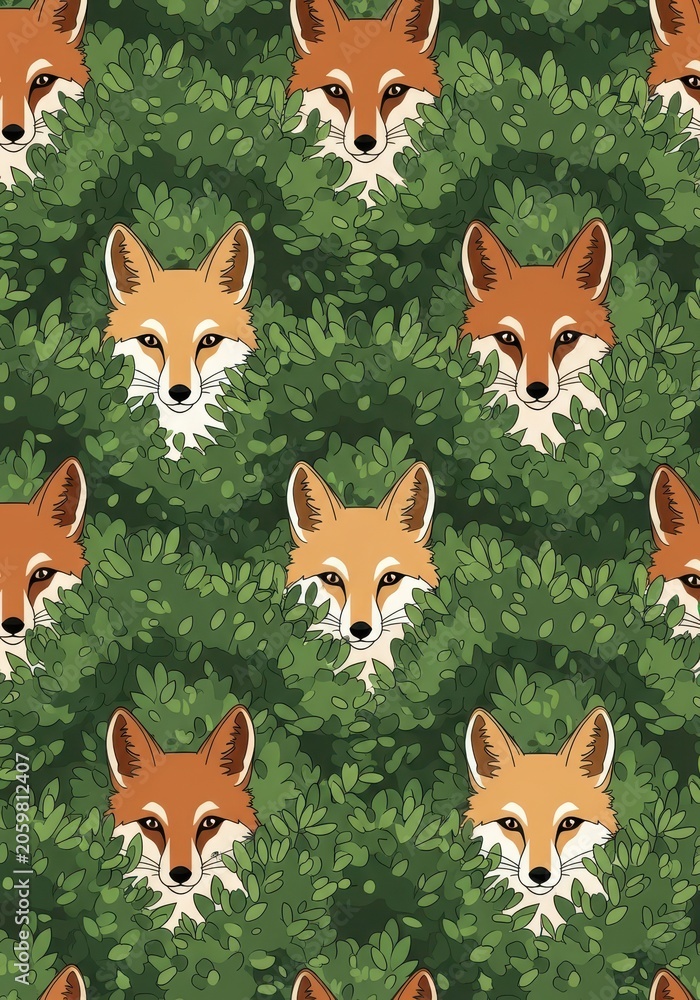 Fototapeta premium Seamless pattern of cute red fox heads peeking through dense green leaves and bushes in a forest