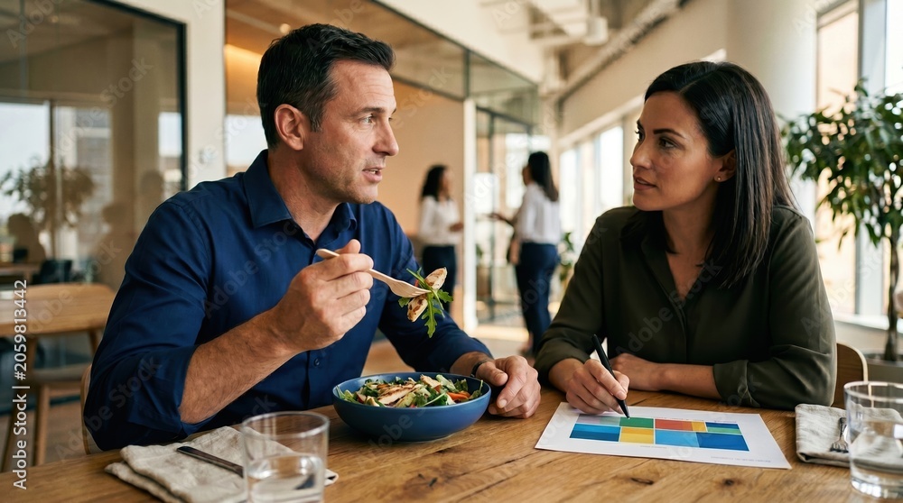 Fototapeta premium Business colleagues discussing report during healthy office lunch. Concept of working lunch, marketing review, business planning, healthy catering, productive meeting.