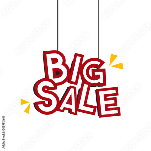 Big sale typography vector design. Hanging text sign banner for retail discount promotion on isolated white background.