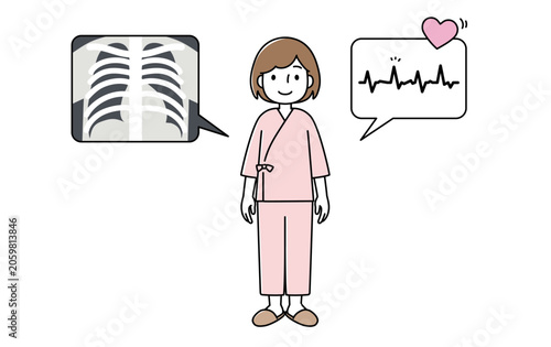 検査着を着た女性とレントゲンと心電図のイラストセット
