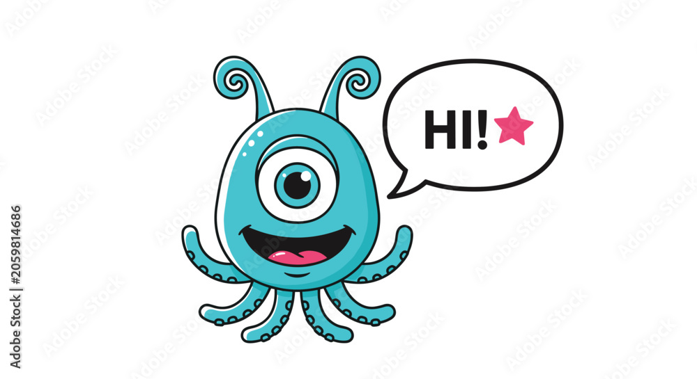 Obraz premium Friendly one-eyed blue monster character with tentacles and antennae waving and saying hi in a speech bubble with a pink star icon.