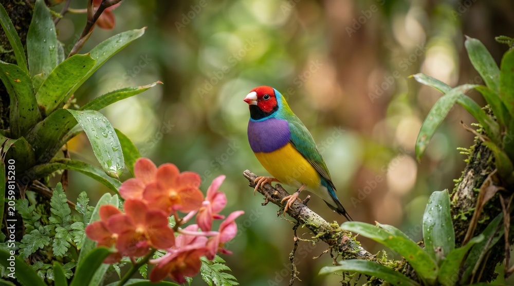 Fototapeta premium Colorful Gouldian Finch perched on a branch in tropical forest
