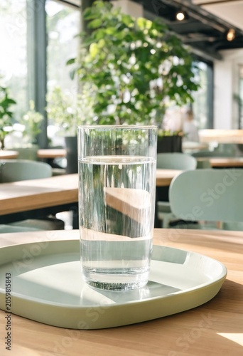Clear glass of water on green tray placed on wooden table in bright modern café interior with plants, natural light, calm minimal aesthetic atmosphere.