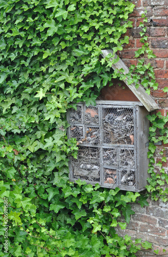 Rustic Wooden Bug Hotel on Old Brick Garden Wall in Close Up