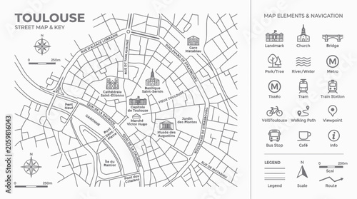 Toulouse Street Map and Key with Navigation Icons