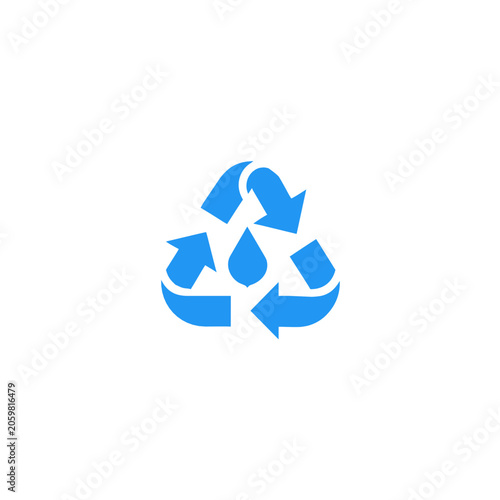 Blue water recycling symbol with a central drop icon isolated on white representing sustainable resource management and environmental conservation