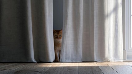 Orange cat peeking out from behind a white curtain. the cat is standing on a wooden floor and is looking directly at the camera.