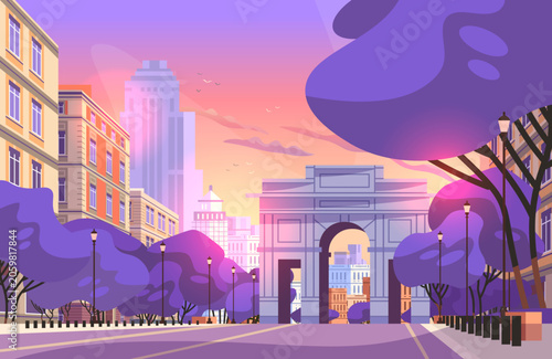 Madrid cityscape travel destination sunset street view urban buildings Puerta de Alcala monument purple trees modern architecture