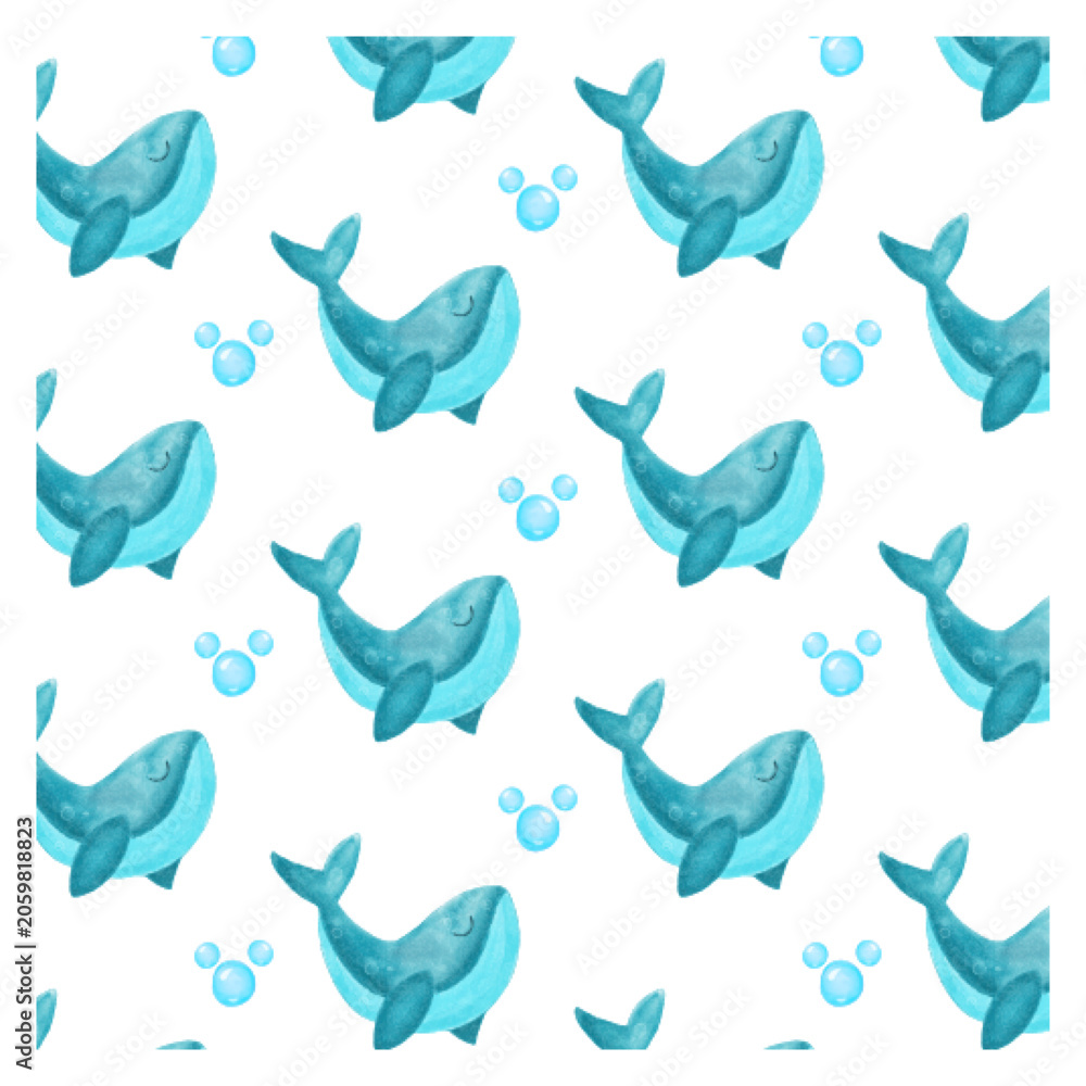 Fototapeta premium Cute dolpin watercolor sea creatures seamless pattern