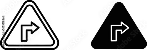 Right turn traffic sign symbol in outline and solid black on white background for safety direction