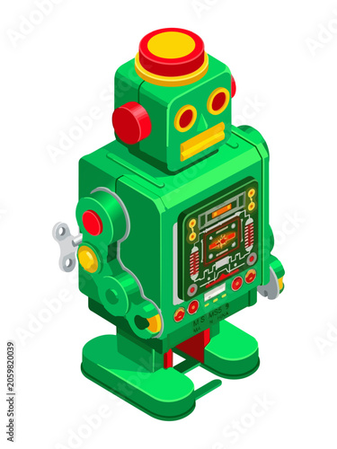 Schilderij op canvas An isometric green vintage tin toy robot with a wind-up key, detailed control panel on its chest, and red and yellow accents, isolated on a white background