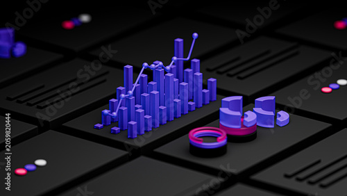 Foto 3D Rendered Purple Bar Charts and Pie Graphs on Dark Grid Background Representin