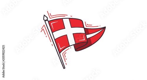 Hand-drawn stylized Swiss flag waving on a flagpole with a white cross on a red background. Artistic vector illustration with thick black outlines and red dynamic motion lines.