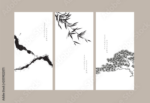 Obraz na plátne vector illustration of a abstract brush stroke mountain, silhouette of a bonsai tree with Chinese painting