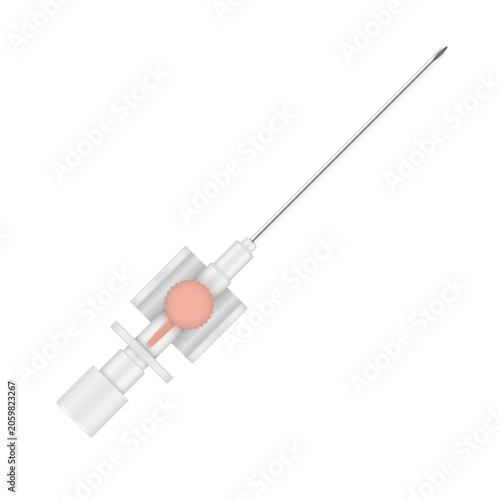 Illustration of a medical intravenous peripheral catheter or cannula used to administer fluids and medications in healthcare settings.