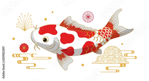 Koi carp swimming with traditional japanese wave and cloud motifs