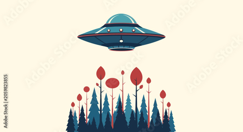 Retro ufo spacecraft hovering over a stylized minimalist forest