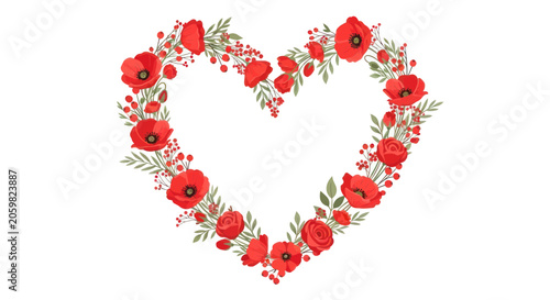 Red poppy and rose heart floral wreath for romantic greeting