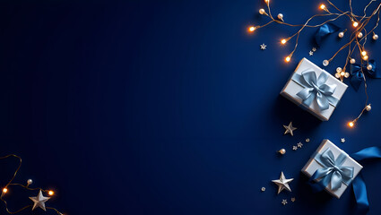 Premium Midnight Blue Celebration Banner with Pearl Ornaments and Fairy Lights