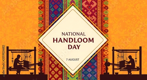 National handloom day celebration poster with traditional indian textile patterns and silhouette of weavers