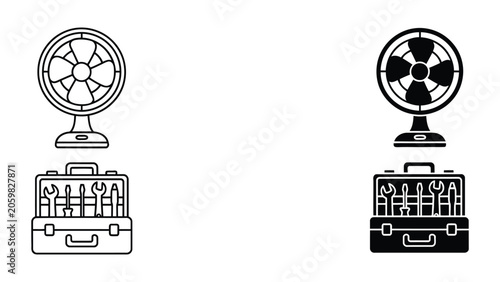 Electric fan and metal toolbox icon set in line art and solid black style for home cooling and mechanical repair service branding