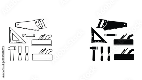 Set of carpenter tools featuring hand saw square plane hammer and chisel in outline and solid black icon styles for construction and woodworking design projects