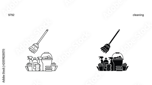 Professional cleaning supplies icon set including mop bucket spray bottles and scrubbing sponge in outline and solid black styles for housekeeping and janitorial services