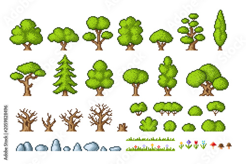 Pixel art game nature elements. Green and dry tree, flowers, stone, bush and grass. Retro pixelated 8 bit icons for arcade game landscape, tidy vector set