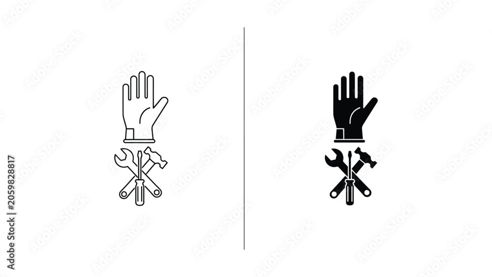 Fototapeta premium Safety work gloves and essential hand tool repair kit vector icon set