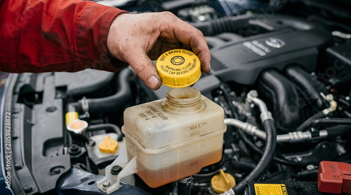 Brake fluid reservoir and cap being opened in an automotive engine compartment dot vehicle car. Generative AI 