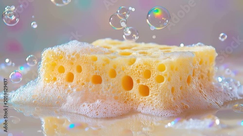 Yellow sponge with soap bubbles, cleaning, detergents