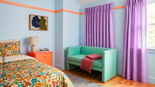 Tiny Bedroom Corner With Mismatched Pastels And Saturated Accent Decor