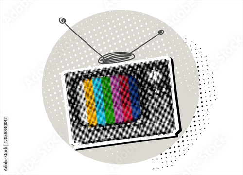 Trendy Halftone Collage Old TV. No Signal. Mixed media design. Modern collage style. Vector illustration