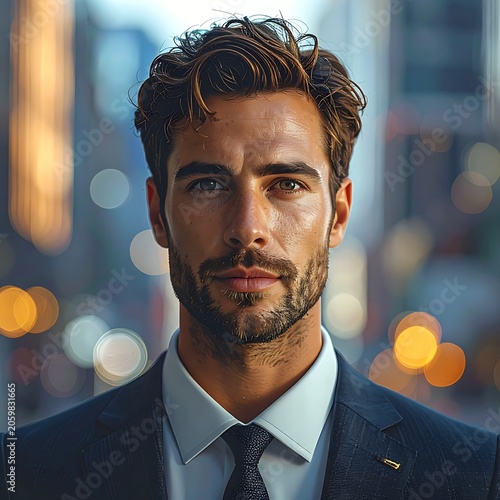 A close-up portrait of a well-dressed young man in a city