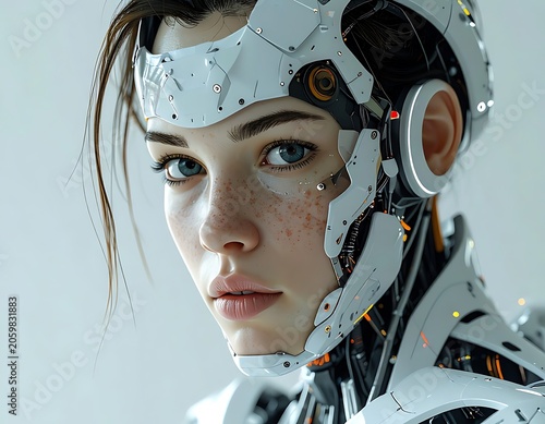 A close-up portrait of a woman with robotic facial implants