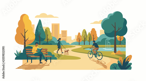 A vibrant city park scene with people enjoying leisure activities