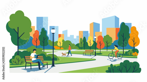 A vibrant city park scene with people engaging in leisure activities