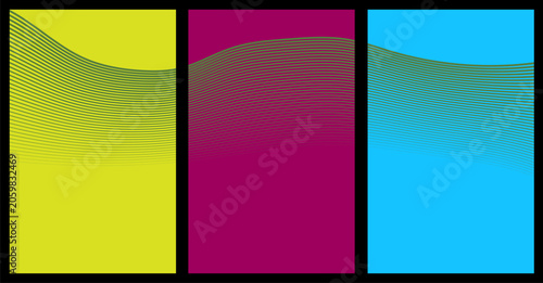 Triptych of abstract geometric wavy line patterns on yellow magenta and blue color blocks