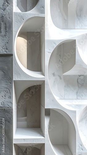 A close-up view of a modern architectural detail with rounded marble alcoves