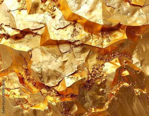 A close-up view of a shiny, golden surface with irregular textures