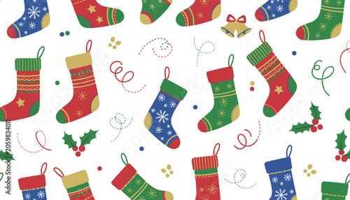 Seamless festive Christmas pattern featuring colorful stockings, mistletoe leaves, and whimsical golden swirls.