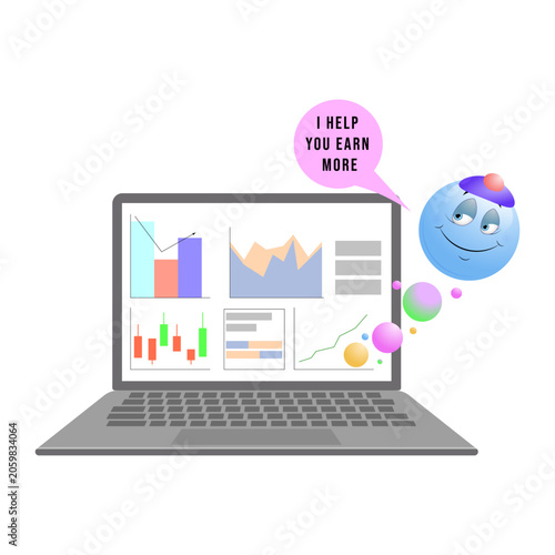 Vector illustration of an assistant character near a laptop screen with financial charts and text I help you earn more. Business concept of automated trading and analytics.