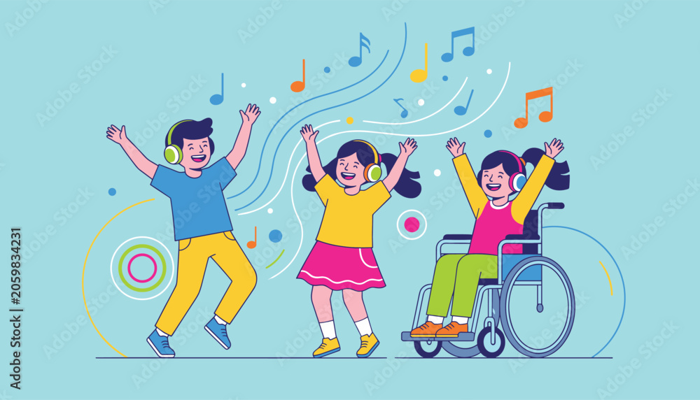 Fototapeta premium Happy inclusive group of children, including a girl in a wheelchair, dancing together to lively music notes.