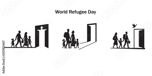 Foto World Refugee Day Concept with Refugee Families Walking Toward Hope and Safety D