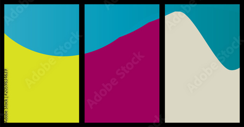 Abstract triptych with colorful flowing liquid wave shapes in three vertical panels, abstract